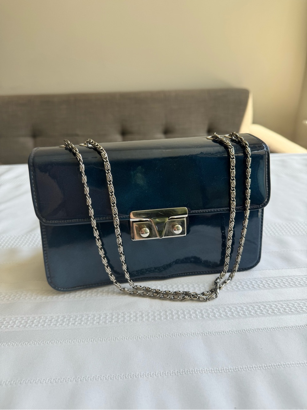 MINT Vtg MEYERS Navy Silver Patent Leather Mid-Century Adjustable Shoulder Bag